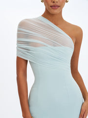 Phoebe Mint One-Shoulder Ruched Mesh Mini Dress
