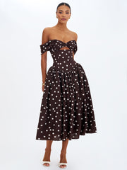 Xandie Mocha Polka Dot Off-Shoulder Midi Dress