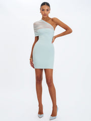 Phoebe Mint One-Shoulder Ruched Mesh Mini Dress