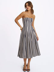 Wyanne Black & White Linen Striped Strapless Midi Dress