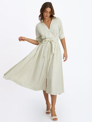 Danica Pine Green Bamboo Poplin Striped Shirt Midi Dress