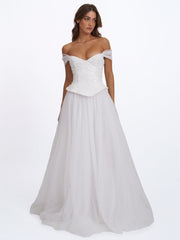 Jianna White Beaded Peplum Bardot Neckline Wedding Gown