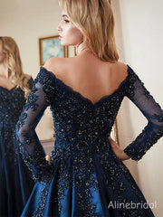 Elegant Navy Blue A-Line Off the Shoulder Long Sleeve Lace Prom Dress, Evening Dress, PD3822979