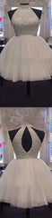 Short white beads sparkly open back off shoulder homecoming prom dress,BD0008