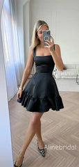 Elegant Square A-line Ruffle Black Short Homecoming Dress, Prom Dress, PD382250