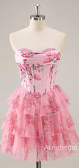 Elegant Pink Floral Corset Ruffle A-line Soft Satin Short Homecoming Dress, Prom Dress, PD382251