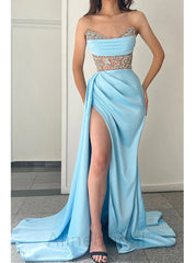 Sexy Blue V-neck Side Slit Mermaid Floor Length Prom Dress, PD3640