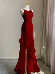 Sexy Red Chiffon Ruffled Tiered Evening Dress with Slit, PD3661