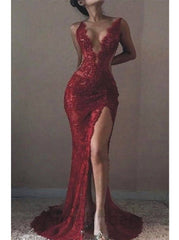 Sexy Burgundy V-neck Beading Mermaid Long Prom Dress with Slit, PD3634