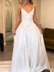 Elegant Ivory Satin V-neck A-line Wedding Dress, WD3119
