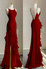 Sexy Red Chiffon Ruffled Tiered Evening Dress with Slit, PD3661