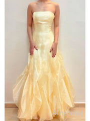 Elegant Yellow Tulle Strapless Ruffles A-line Long Prom Dress, Evening Dress, PD3823017