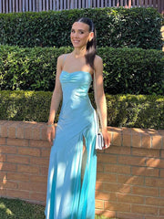 Simple Sky Blue Sweetheart Side Slit Sheath Long Prom Dress, PD3750