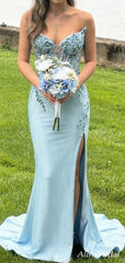 Stunning Blue Lace Appliques Strapless Mermaid Prom Dress with Slit, Evening Dress, PD3823045