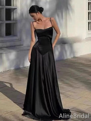 Minimalist Black Spaghetti Straps A-line Long Prom Dress, PD38124