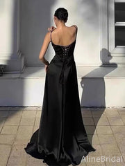 Minimalist Black Spaghetti Straps A-line Long Prom Dress, PD38124