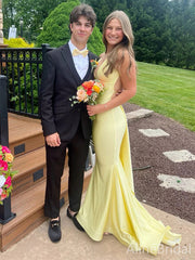 Elegant Light Yellow V-neck Backless Mermaid Long Prom Dress, PD38133