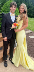 Elegant Light Yellow V-neck Backless Mermaid Long Prom Dress, PD38133
