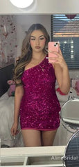 Sparkly Purples Sequins One SHoulder Short Tight Homecoming Dress, HD327992