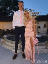 Elegant Pink V-neck Spaghetti Strap A-line Long Prom Dress with Slit, PD38155