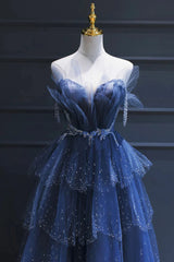 Sparkly Strapless Beaded A-line Blue Layered Tulle Prom Dress, Evening Dress, PD3663