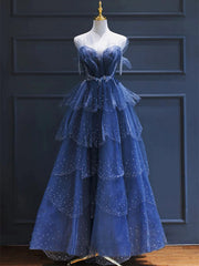 Sparkly Strapless Beaded A-line Blue Layered Tulle Prom Dress, Evening Dress, PD3663