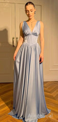 Pale Blue V-neck Corset A-line Long Prom Dress Online, Evening Dress, PD3823013