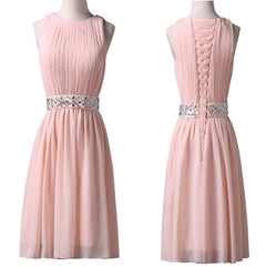 Light pink elegant Jewel Knee-Length Sleeveless chiffon with beading waist homecoming dresses,BD00119
