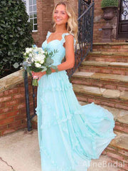 Elegant Blue Chiffon A-line Long Prom Dress with Ruffles, PD381774