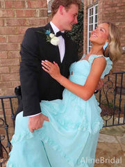 Elegant Blue Chiffon A-line Long Prom Dress with Ruffles, PD381774