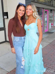 Elegant Blue Chiffon A-line Long Prom Dress with Ruffles, PD381774