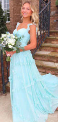 Elegant Blue Chiffon A-line Long Prom Dress with Ruffles, PD381774