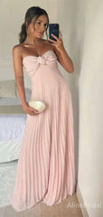 Elegant Pink Bow Strapless A-line Long Prom Dress, Evening Dress, PD381821