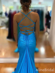 Elegant Blue V-neck Backless Mermaid Long Prom Dress with Slit, PD381823