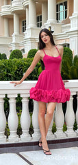 Morden Spaghetti Straps Bateau Bubble Hem Fuchsia Soft Satin Short Homecoming Dress, Prom Dress, PD382254