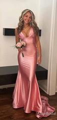 Sexy Pink V-neck Mermaid Long Prom Dress with Train, Evening Dress, PD381831
