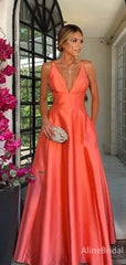Elegant Coral Orange V-neck A-line Long Prom Dress, Evening Dress, PD381836