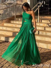Elegant Dark Green One Shoulder Long Sleeveas A-line Long Evening Dress, PD381913