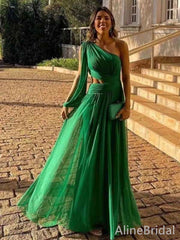 Elegant Dark Green One Shoulder Long Sleeveas A-line Long Evening Dress, PD381913