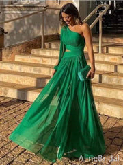Elegant Dark Green One Shoulder Long Sleeveas A-line Long Evening Dress, PD381913