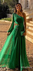 Elegant Dark Green One Shoulder Long Sleeveas A-line Long Evening Dress, PD381913