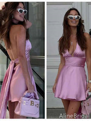 Sexy V-neck Halter A-line Short Homecoming Dress with Tie Back, HD328001