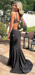 Sparkly Black Sequins V-neck Mermaid Long Prom Dress, Evening Dress, PD381931