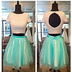 Short Sleeve Two Pieces Beaded Open Back Unique Cute For Teens Homecoming Dresses, BD00148