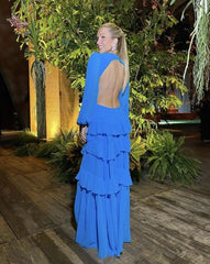 Elegant Blue V-neck Long Sleeves Side Cut Out A-line Long Prom Dress, PD3664