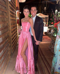Elegant Pink Strapless Side Slit A-line Long Prom Dress, Evening Dress, PD3754