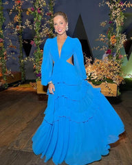 Elegant Blue V-neck Long Sleeves Side Cut Out A-line Long Prom Dress, PD3664