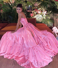 Elegant Pink Strapless Side Slit A-line Long Prom Dress, Evening Dress, PD3754