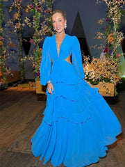 Elegant Blue V-neck Long Sleeves Side Cut Out A-line Long Prom Dress, PD3664