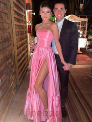 Elegant Pink Strapless Side Slit A-line Long Prom Dress, Evening Dress, PD3754